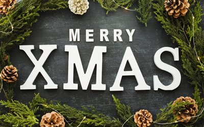 Merry Xmas, Joulu, harmaa puinen tausta, onnittelut, Uusi Vuosi, Hyvää Joulua