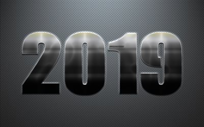 2019 year, New Year, gray creative background, metal digits, 2019 concepts, metalic texture, steel numbers