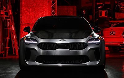 Kia Stinger GT, 2018, vista frontale, fibra di carbonio, grigio berlina sportiva, tuning Stinger, coreano auto, SEMA 2018, Kia