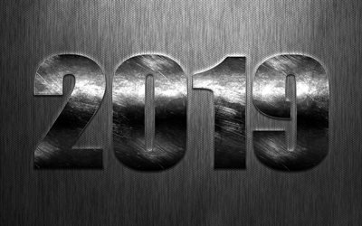 2019 year, Art, New Year, silver metallic numerals, steel texture, gray background, Happy New Year, 2019 concepts, creative art