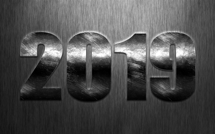 2019 year, Art, New Year, silver metallic numerals, steel texture, gray background, Happy New Year, 2019 concepts, creative art