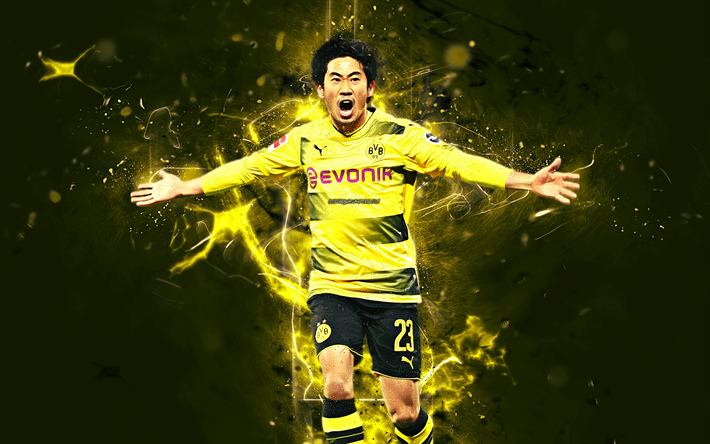 Shinji Kagawa, alegria, japon&#234;s jogadores de futebol, meta, O Borussia Dortmund FC, futebol, Kagawa, BVB, Bundesliga, luzes de neon, a arte abstrata
