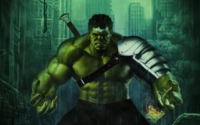 Hulk, 4k, la calle, los superh&#233;roes, creativo, ilustraci&#243;n, monstruo
