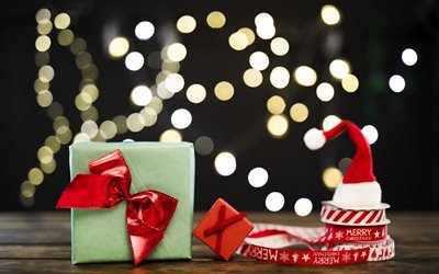 Navidad, A&#241;o Nuevo, regalos, cintas de seda roja, de noche, Feliz Navidad