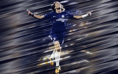 David Luiz, 4k, creative art, ter&#228;t tyyli, Chelsea FC, Brasilialainen jalkapalloilija, Premier League, Englanti, sininen luova tausta, jalkapallo