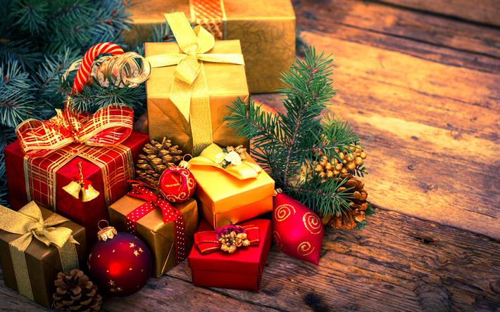 クリスマス, 4k, クリスマスボール, 謹賀新年, クリスマス装飾, キャンドル, 贈り物, メリークリスマス