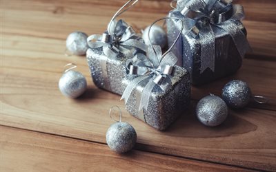 銀贈答箱, 銀色のシルク弓, 新年, 贈り物, クリスマス