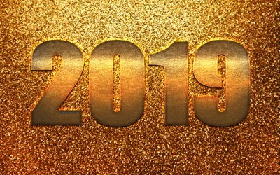 2019 anno, il golden sfondo, brillante, metallo dorato numeri, golden texture, 2019 concetti, capodanno, arte creativa
