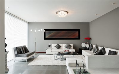 paredes de color gris en la sala de estar, dise&#241;o interior moderno, el minimalismo en el interior, gris, piso de m&#225;rmol en la sala de estar, sof&#225; de cuero blanco, cebras figuras, interior de estilo de dise&#241;o