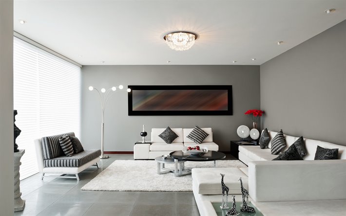 grigio pareti del salotto, arredamento di design, il minimalismo dell&#39;interno, grigio, pavimento in marmo nel soggiorno, divani in pelle bianca, zebre figure, interni dal design elegante