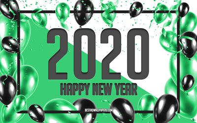 Happy New Year 2020, Green Balloons Background, 2020 concepts, Green 2020 Background, Green Black Balloons, Creative 2020 Background, 2020 New Year, Christmas background