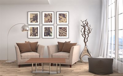 living room, beige interior design, stylish interior, metal vase, dry tree in the living room