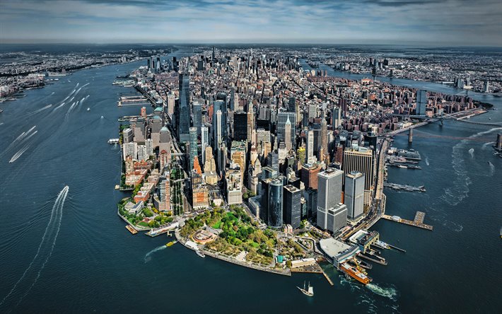 Manhattan desde lo alto, 4k, los rascacielos, nueva york, ciudades, calles, Nueva York, Manhattan, de verano, de las Ciudades de Nueva York, estados UNIDOS, estados unidos, Ciudad de Nueva York