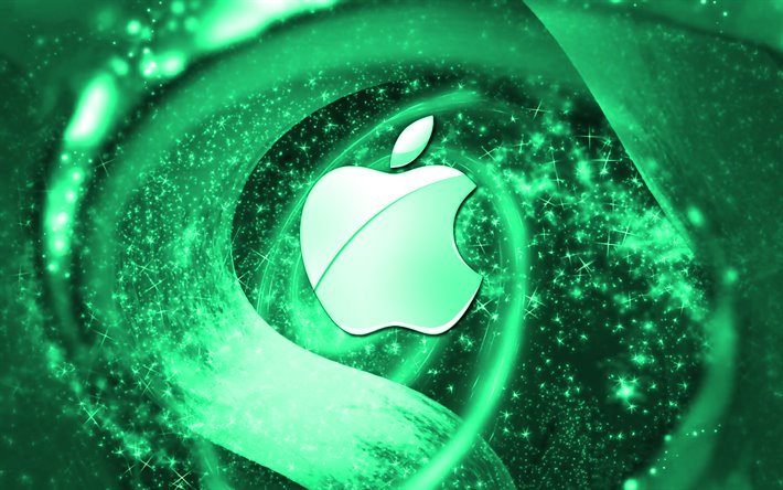 Apple turquoise logo, space, creative, Apple, stars, Apple logo, digital art, turquoise background