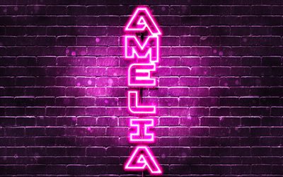 4K, Amelia, vertical text, Amelia name, wallpapers with names, female names, purple neon lights, picture with Amelia name
