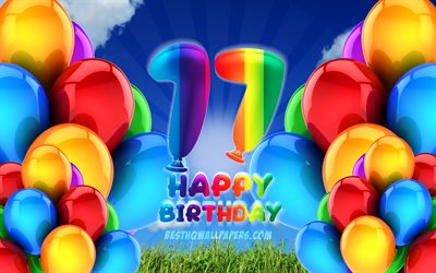 4k, 嬉しい17歳の誕生日, 曇天の背景, 誕生パーティー, カラフルなballons, 作品, 17歳の誕生日, 誕生日プ, 17誕生パーティー