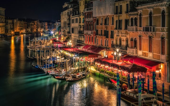 البندقية, 4k, nightscapes, القناة الكبرى, الجندول, إيطاليا, البندقية في الليل, أوروبا, المدن الإيطالية