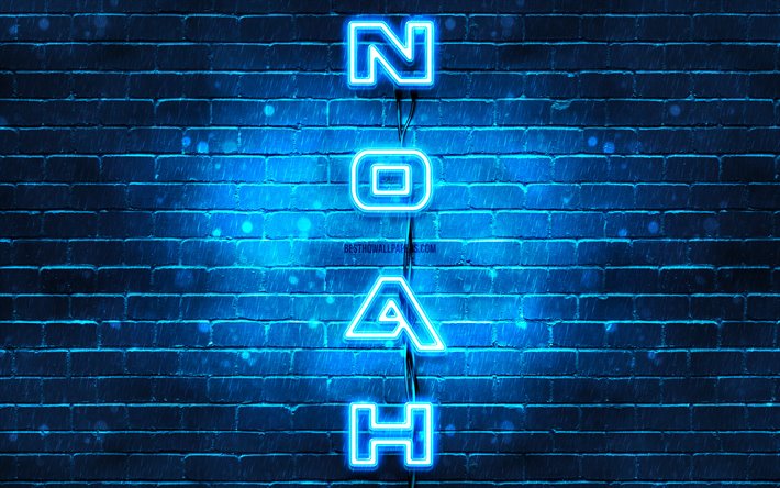 4K, نوح, نص عمودي, نوح اسم, خلفيات أسماء, الأزرق أضواء النيون, صورة مع نوح اسم