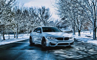 BMW M4, HDR, hiver, tuning, F82, 2019 voitures, tunned m4, supercars, blanc m4, 2019 BMW M4, voitures allemandes, f82 blanc, BMW