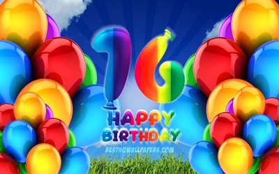 4k, 嬉しい16歳の誕生日, 曇天の背景, 誕生パーティー, カラフルなballons, 作品, 16歳の誕生日, 誕生日プ, 16日の誕生日パーティー