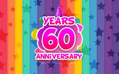 4k, 60 Years Anniversary, colorful clouds, Anniversary concept, rainbow background, 60th anniversary sign, creative 3D letters, 60th anniversary