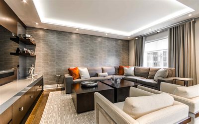 stylish living room interior, modern interior design, loft style, brick gray wall in the living room
