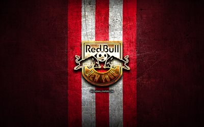 New York Red Bulls, kultainen logo, MLS, punainen metalli tausta, american soccer club, New York Red Bulls FC, United Soccer League, New York Red Bulls logo, jalkapallo, USA
