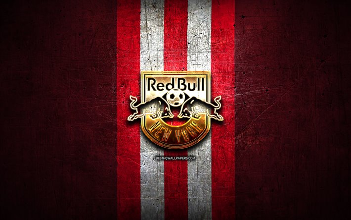 New York Red Bulls, golden logo, MLS, red metal background, american soccer club, New York Red Bulls FC, United Soccer League, New York Red Bulls logo, soccer, USA