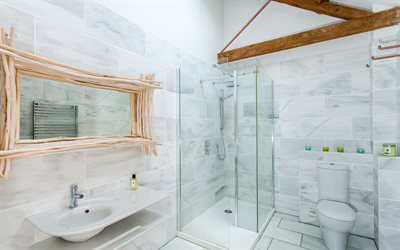 light bathroom interior design, modern interior design, bathroom project, creative mirror in the bathroom, wooden wicker frame for mirror