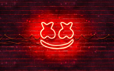 Marshmello red logo, 4k, superstars, american DJs, red brickwall, Marshmello logo, Christopher Comstock, music stars, Marshmello neon logo, DJ Marshmello