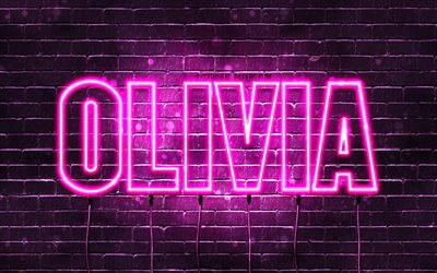 Olivia, 4k, taustakuvia nimet, naisten nimi&#228;, Olivia nimi, violetti neon valot, vaakasuuntainen teksti, kuva Olivia nimi