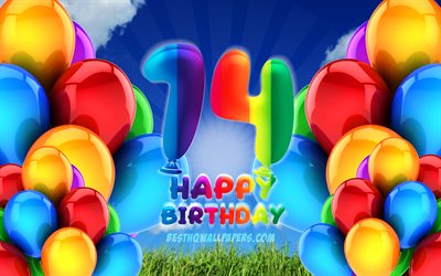 4k, 嬉しい14歳の誕生日, 曇天の背景, 誕生パーティー, カラフルなballons, 作品, 14歳の誕生日, 誕生日プ, 14歳の誕生日パ