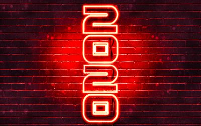 4k, Happy New Year 2020, vertical text, red brickwall, 2020 concepts, 2020 on red background, abstract art, 2020 neon art, creative, 2020 year digits, 2020 red neon digits