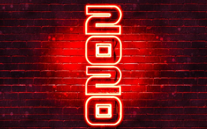 4k, سنة جديدة سعيدة عام 2020, نص عمودي, الأحمر brickwall, 2020 المفاهيم, 2020 على خلفية حمراء, الفن التجريدي, 2020 النيون الفن, الإبداعية, 2020 أرقام السنة, 2020 النيون الحمراء أرقام
