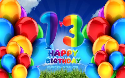 4k, 嬉しい13歳の誕生日, 曇天の背景, 誕生パーティー, カラフルなballons, 作品, 13歳の誕生日, 誕生日プ, 13日の誕生日パーティー