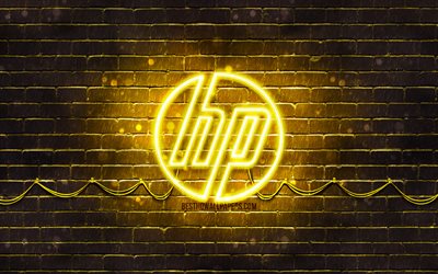 HP logo amarillo, 4k, amarillo brickwall, Hewlett-Packard, logotipo de HP, HP ne&#243;n logotipo de HP, Hewlett-Packard logotipo