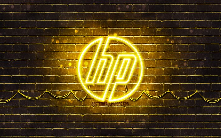 HP黄ロゴ, 4k, 黄brickwall, ヒューレット-パッカード, HPロゴについて, HPネオンのロゴ, HP, ヒューレット-パッカードマーク