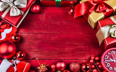 weihnachten dekorationen, rahmen, 4k, rote holz-hintergrund, weihnachtsschmuck, neujahr rahmen, happy new year, neues jahr, konzepte, geschenk-boxen
