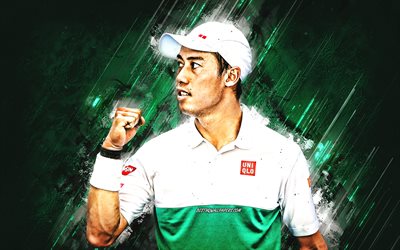 Kei Nishikori, japansk tennisspelare, portr&#228;tt, ATP, Tennis, gr&#246;n sten bakgrund