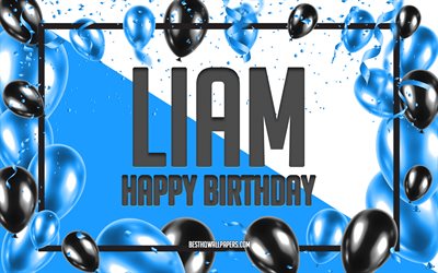 Happy Birthday Liam, Birthday Balloons Background, Liam, wallpapers with names, Blue Balloons Birthday Background, greeting card, Liam Birthday