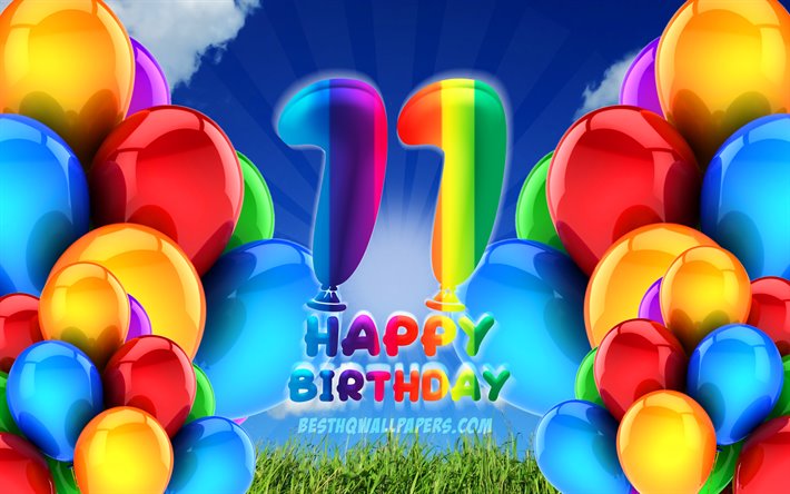 4k, 嬉しい11歳の誕生日, 曇天の背景, 誕生パーティー, カラフルなballons, 作品, 11歳の誕生日, 誕生日プ, 11誕生パーティー