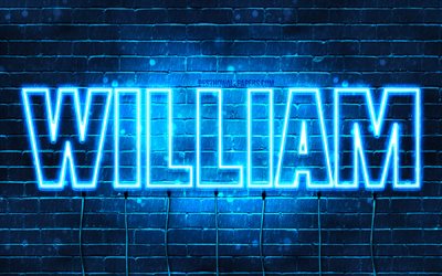 William, 4k, wallpapers with names, horizontal text, William name, blue neon lights, picture with William name