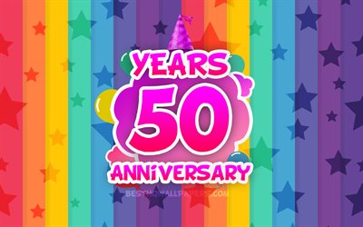 4k, 50 Years Anniversary, colorful clouds, Anniversary concept, rainbow background, 50th anniversary sign, creative 3D letters, 50th anniversary