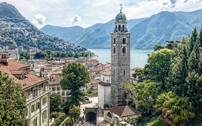 Lugano, schweiziska staden, mountain lake, kyrkan, bergslandskapet, Ticino, Schweiz