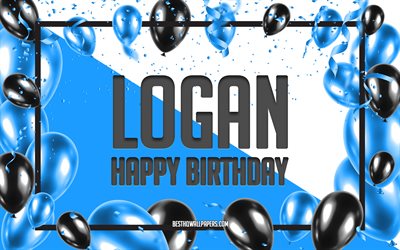 Joyeux Anniversaire Logan, Anniversaire &#224; Fond les Ballons, Logan, fonds d&#39;&#233;cran avec des noms, des Ballons Bleus Anniversaire arri&#232;re-plan, carte de voeux, carte Anniversaire de Logan