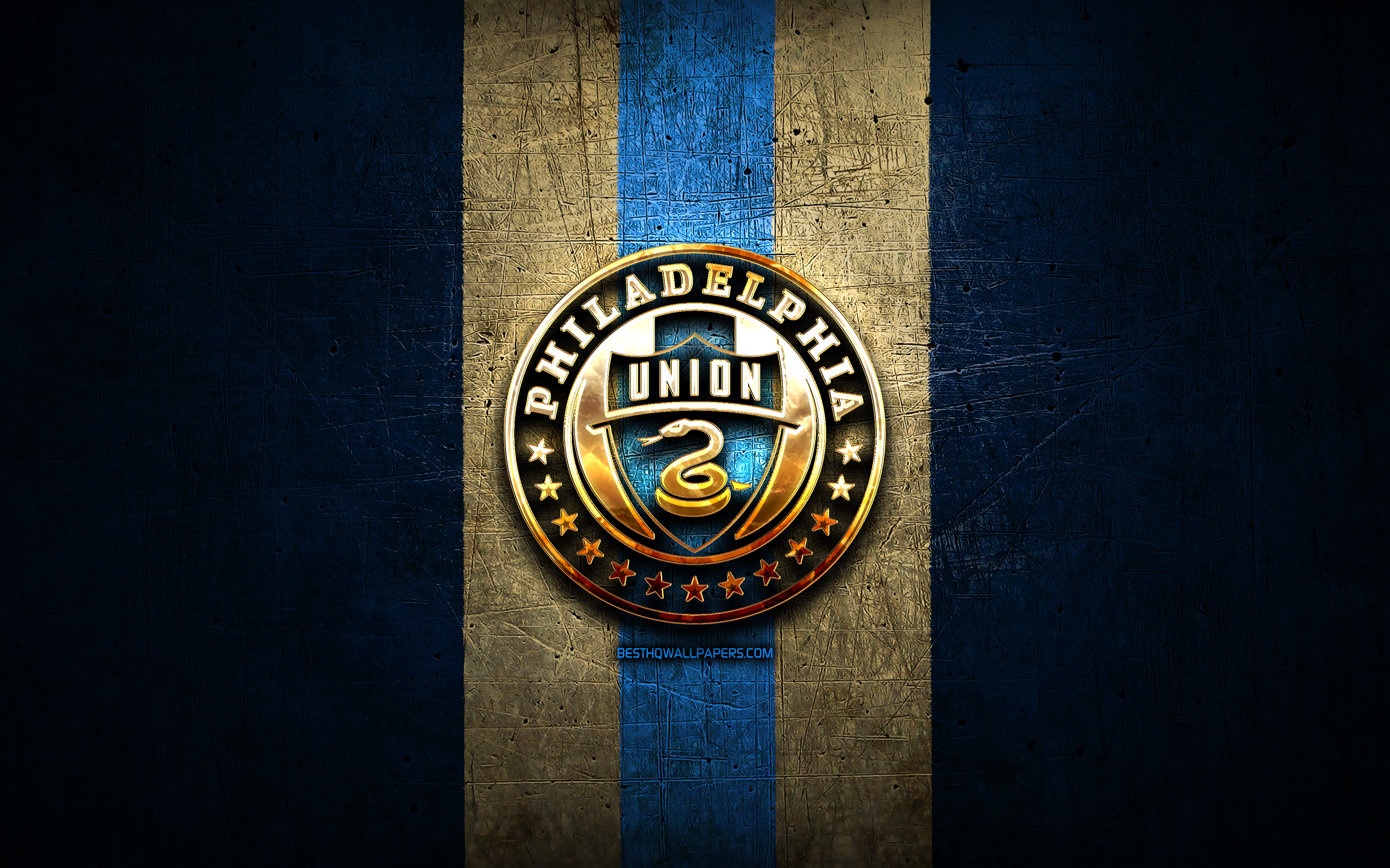 Download wallpapers Philadelphia Union, golden logo, MLS, blue metal  background, american soccer club, Philadelphia Union FC, United Soccer  League, Philadelphia Union logo, soccer, USA for desktop with resolution  2880x1800. High Quality HD