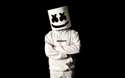 Marshmello, 4k, fondo negro, american dj, sesi&#243;n de fotos, traje blanco, Marshmello m&#225;scara blanca, el popular dj