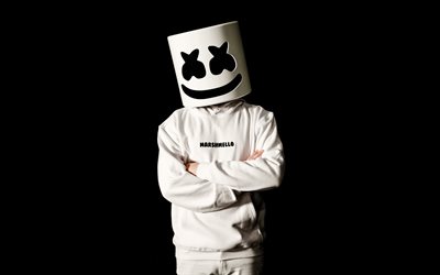 Marshmello, 4k, siyah arka plan, american dj, fotoğraf &#231;ekimi, beyaz kost&#252;m, Marshmello beyaz maske, pop&#252;ler dj