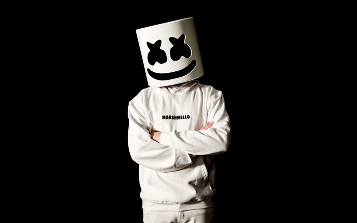 Marshmello, 4k, fond noir, american dj, photoshoot, costume blanc, Marshmello masque blanc, populaire dj