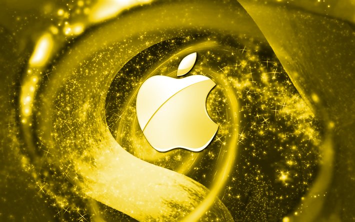 Apple yellow logo, space, creative, Apple, stars, Apple logo, digital art, yellow background